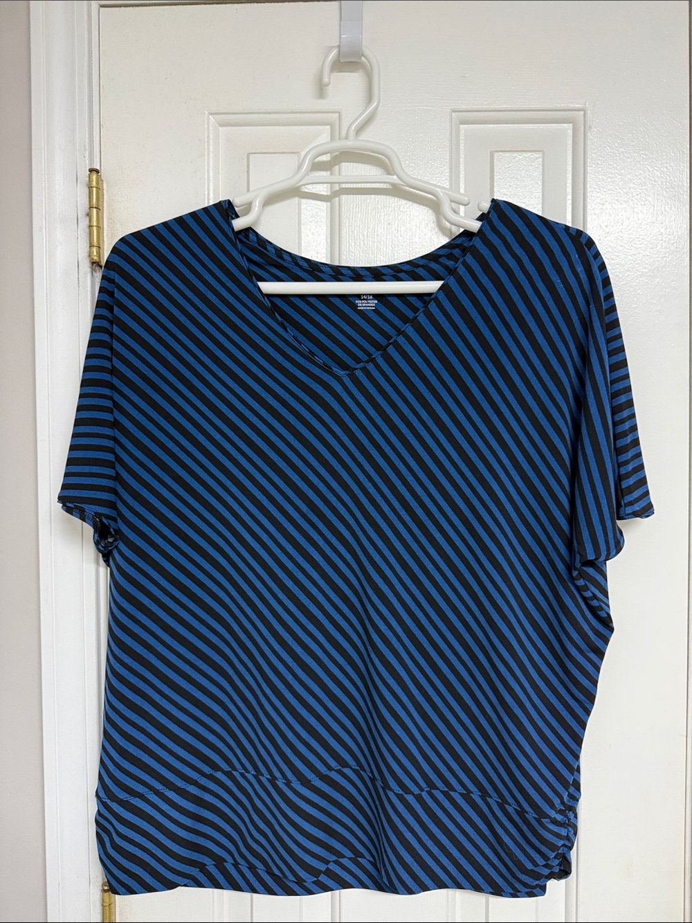 Lane Bryant Blue and Black Diagonal Stripe V-Neck Short Sleeve Top